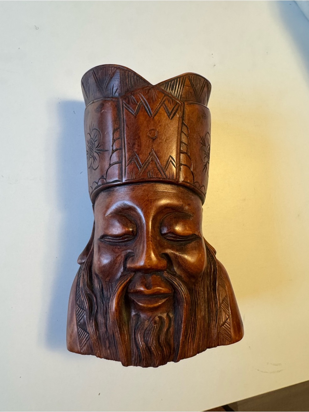 Hand-carved wood sculpture, Chinese Emperor or Confucius head bust